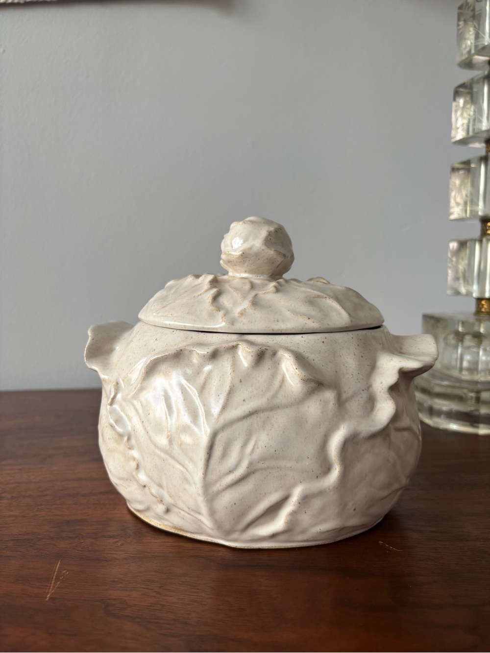 Cream Beige Ceramic Cabbageware Cabbage Motif Tureen Lidded Bowl